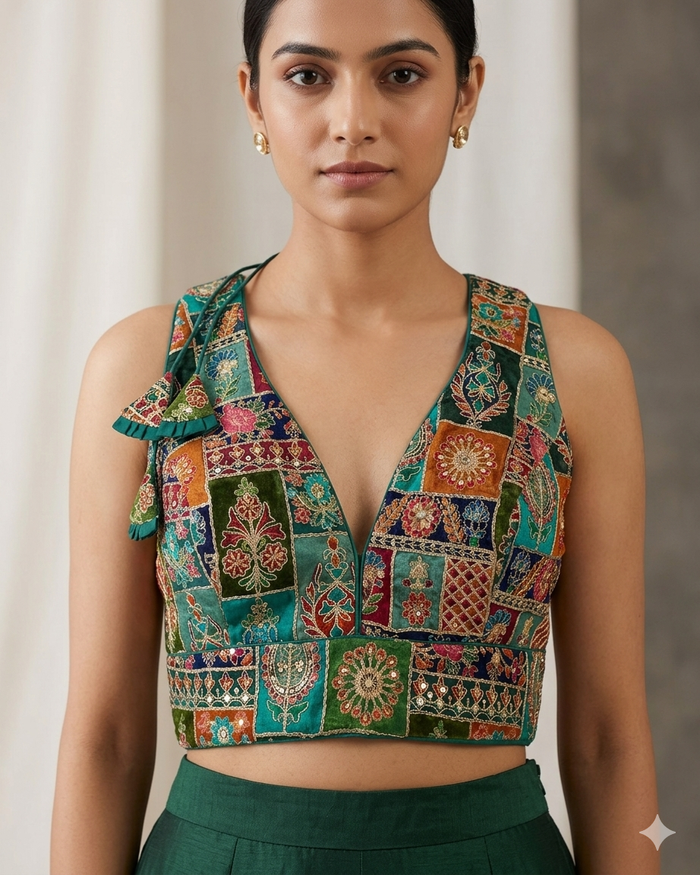 Size 42" / UK 16 - Jade Green - Rich Silky Printed Saree blouse with cups - UK Stock - Quick Delivery - RNK - R961-KV