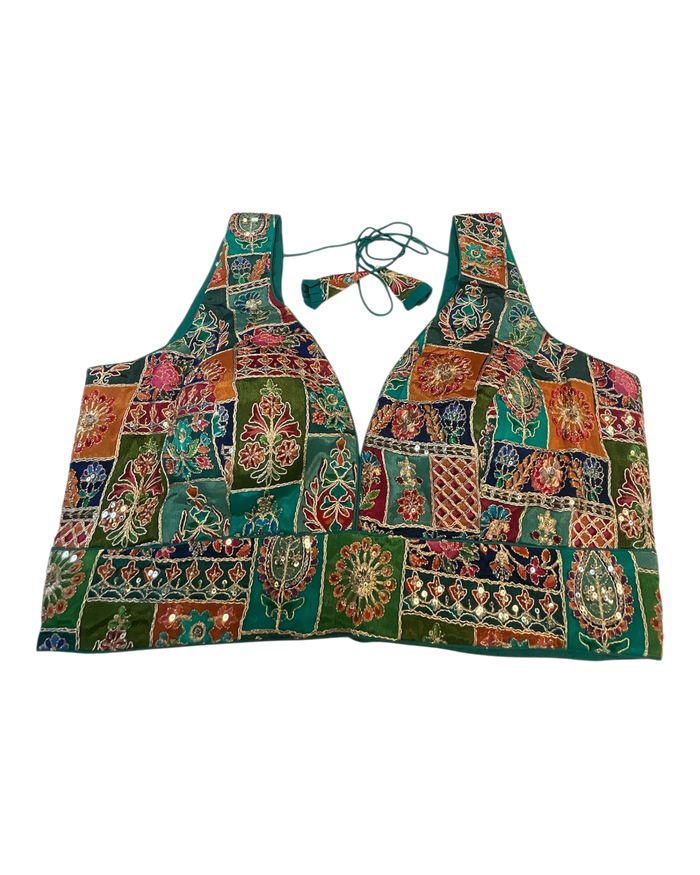 Size 42" / UK 16 - Jade Green - Rich Silky Printed Saree blouse with cups - UK Stock - Quick Delivery - RNK - R961-KV