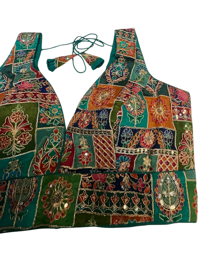 Size 42" / UK 16 - Jade Green - Rich Silky Printed Saree blouse with cups - UK Stock - Quick Delivery - RNK - R961-KV