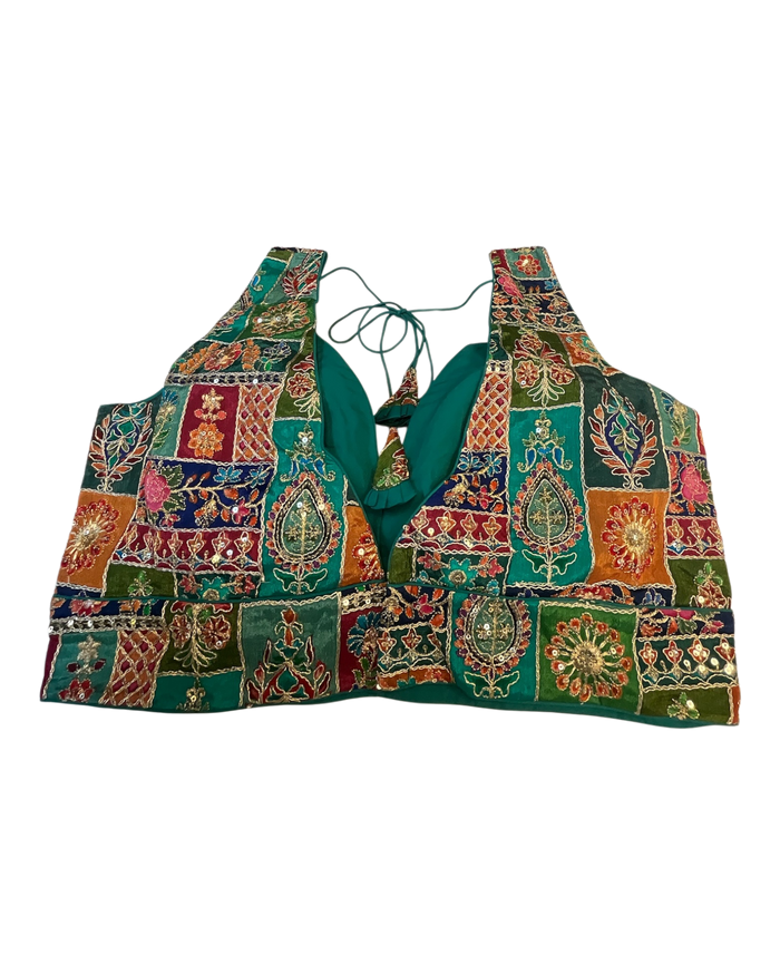 Size 42" / UK 16 - Jade Green - Rich Silky Printed Saree blouse with cups - UK Stock - Quick Delivery - RNK - R961-KV