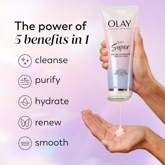 Model pouring Super Cleanser into hand. The power of 5 benefits in 1. Cleanse, purify, hydrate, renew, smooth.