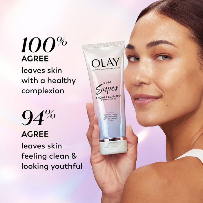 Model posing Super Cleanser tube. 100% agree leaves skin with a healthy complexion. 94% agree leaves skin feeling clean and looking youthful.