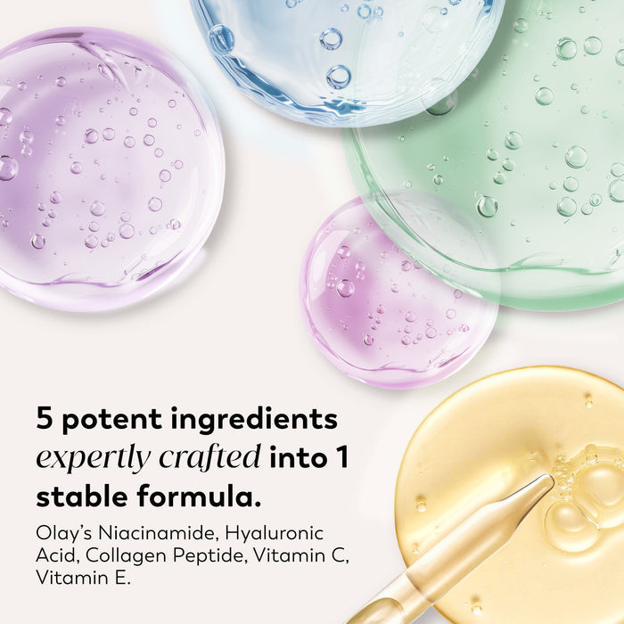Ingredients. 5 potent ingredients expertly crafted into 1 stable formula. Olay's Niacinamide, Hyaluronic Acid, Collagen Peptide, Vitamin C, Vitamin E