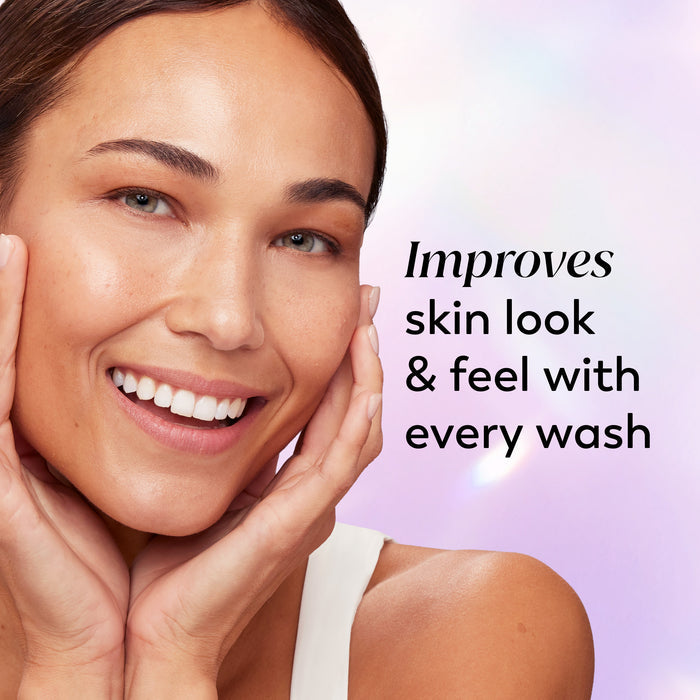 Model posing and smiling. Improves skin look and feel with every wash