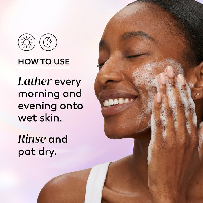 Model posing and smiling while lathering Super Cleanser on face. How to use. Lather every morning and evening onto wet skin. Rinse and pat dry.