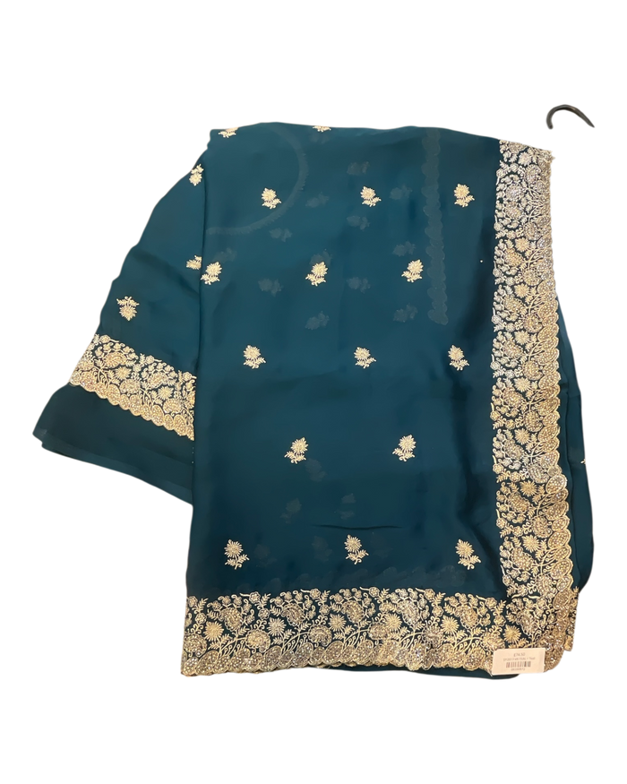 Teal - Saree with Thread / Stone Work and Blouse Piece - UK stock - 24hr Dispatch - SP2617 VK