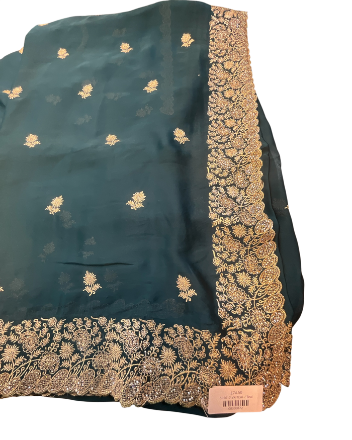 Teal - Saree with Thread / Stone Work and Blouse Piece - UK stock - 24hr Dispatch - SP2617 VK