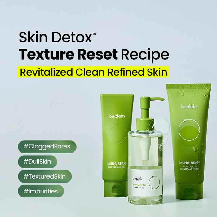 beplain Mung Bean Skin Detox 3-item thumbnail: Milk Peeling Gel, Cleansing Oil, and pH-balanced Cleansing Foam for texture reset