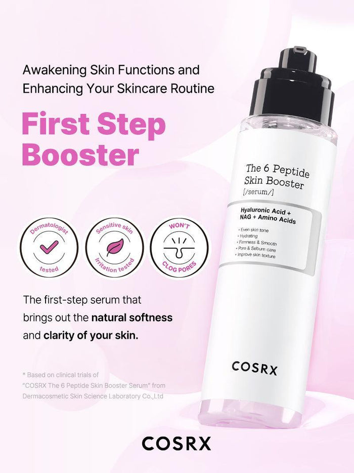 COSRX The 6 Peptide Skin Booster Serum shown with text highlighting ‘First Step Booster’, clinically proven and non-comedogenic; clinically proven Korean peptide serum that boosts glow, firmness, and clarity for sensitive skin as the first step of skincare routine.