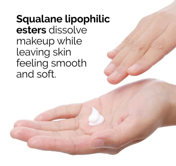 Hand holding a small amount of cream with text about squalane lipophilic esters溶解 makeup.