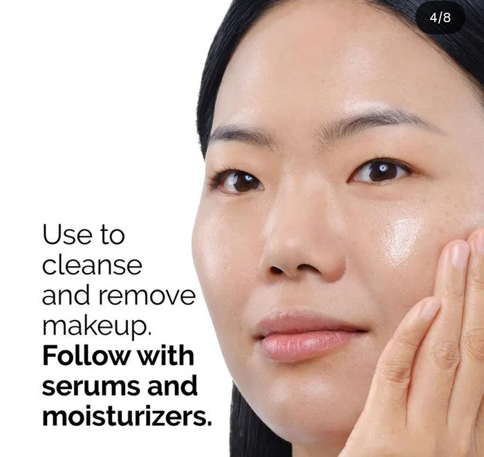 Woman applying skincare product with text on how to use it