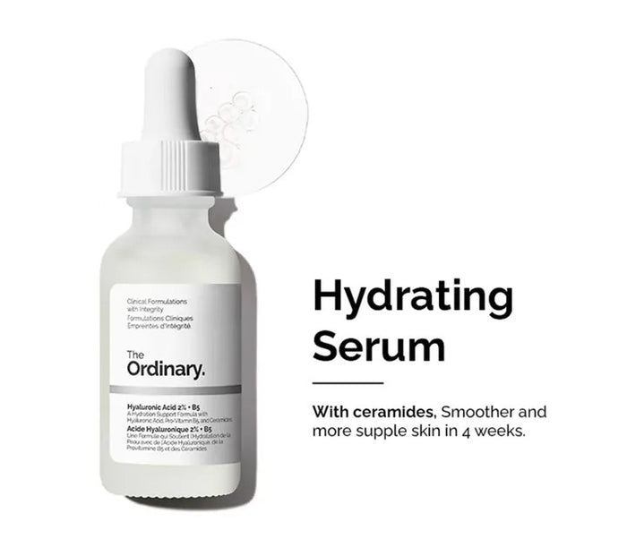Skincare serum bottle with 'The Ordinary' branding on a white background