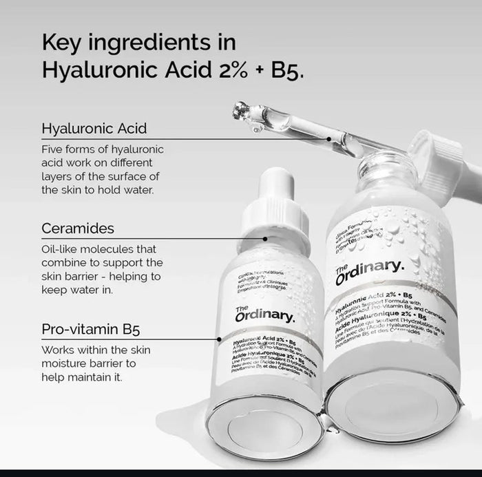 Two skincare bottles with text explaining key ingredients in Hyaluronic Acid 2% + B5.
