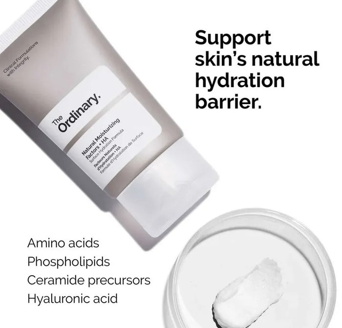 Skincare product with text highlighting skin hydration benefits on a white background