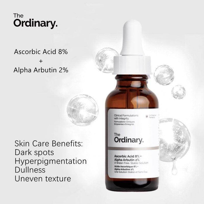 The Ordinary skincare serum bottle with dropper on a light gray background