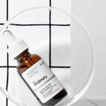 Skincare serum bottle with dropper on a white background
