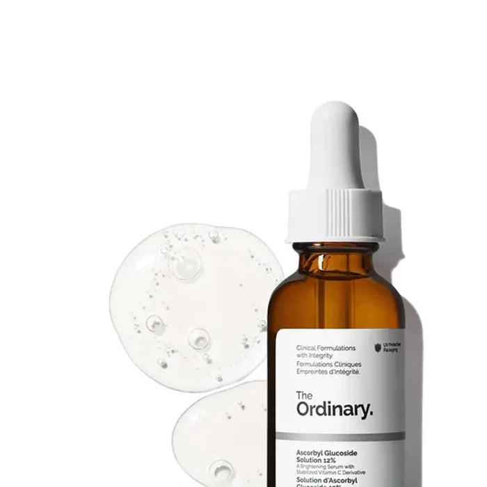 Skincare serum bottle with dropper labeled 'The Ordinary' on a white background