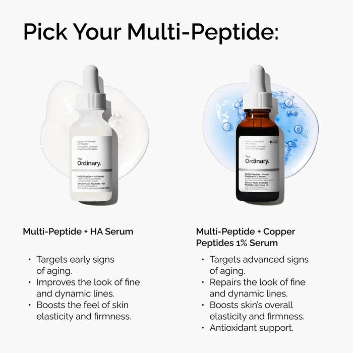 Two bottles of The Ordinary serums with product details on a white background