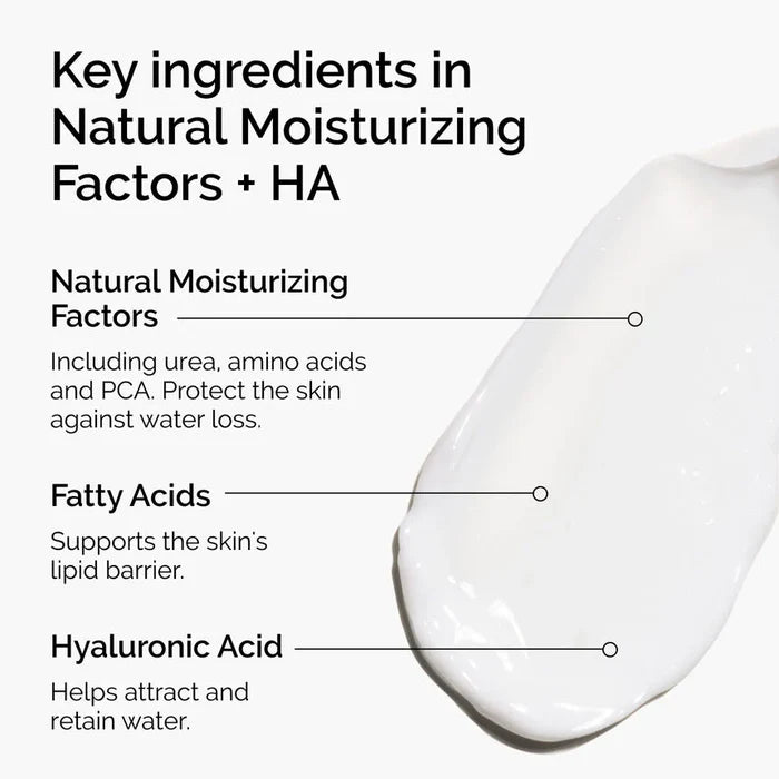 Text detailing key ingredients in natural moisturizing factors with a close-up of a moisturizing product.