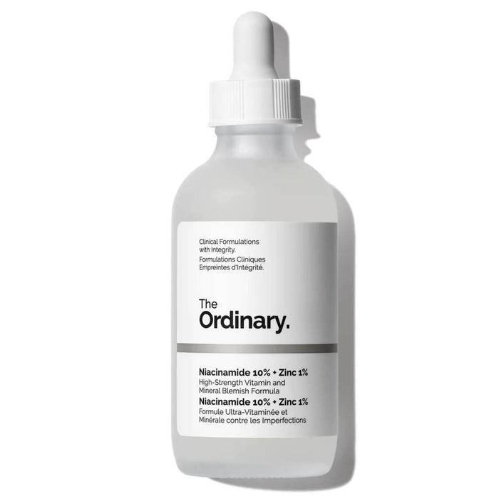 Skincare dropper bottle labeled 'The Ordinary' on a white background