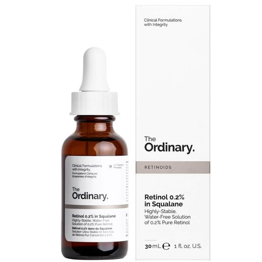 The Ordinary skincare serum bottle with dropper and packaging on a white background
