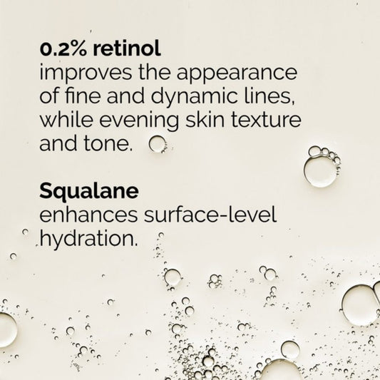 Text about retinol and squalane with bubbles on a beige background