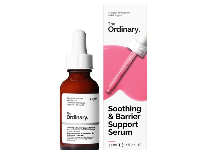 The Ordinary Soothing & Barrier Support Serum bottle and packaging on a white background