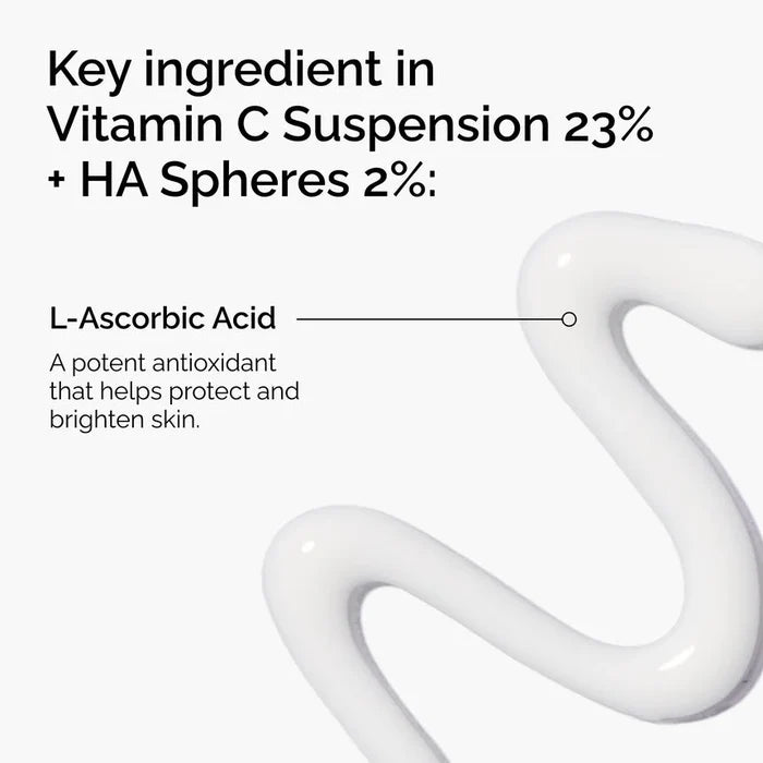 Vitamin C Suspension 23% + HA Spheres 2% with L-Ascorbic Acid labeled on a white background