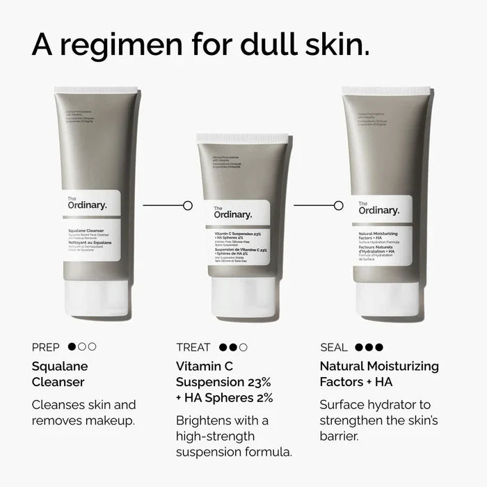 Three skincare products from 'The Ordinary' with labels and descriptions on a white background.