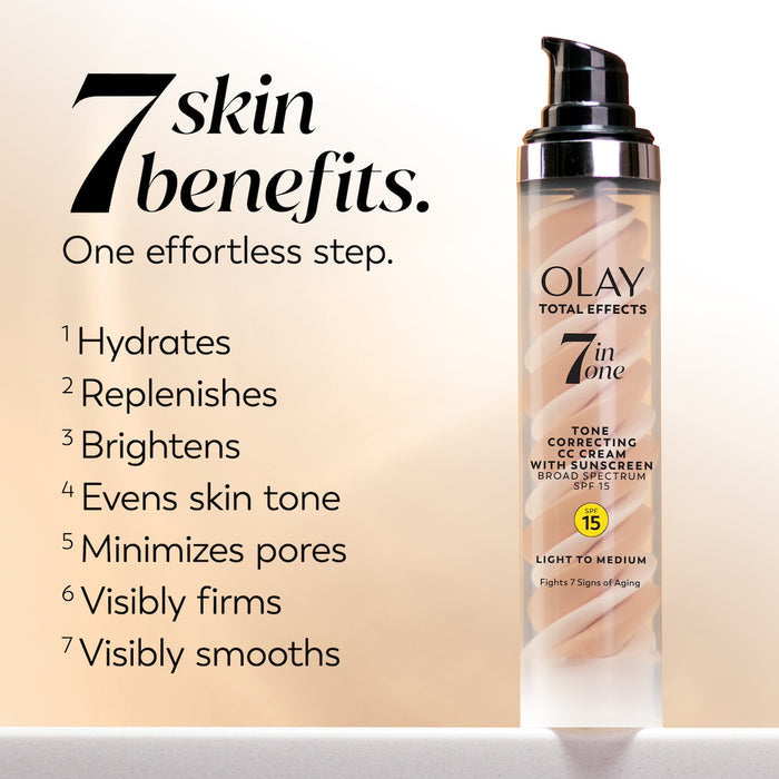 Total Effects 7 In One CC Tone Correcting Moisturizer SPF 15 bottle. 7 benefits one effortless step. Hydrates, replenishes, brightens, evens skin tone, minimizes pores, visibly firms, visibly smooths.