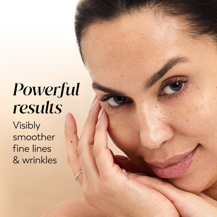 Model posing with hand on face. Powerful results. Visibly smoother fine lines and wrinkles.