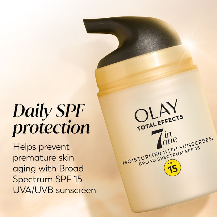 Total Effects Face Moisturizer Fragrance-Free SPF 15 bottle. Daily spf protection. Helps prevent skin aging with broad spectrum SPF 15. UVA/UVB sunscreen