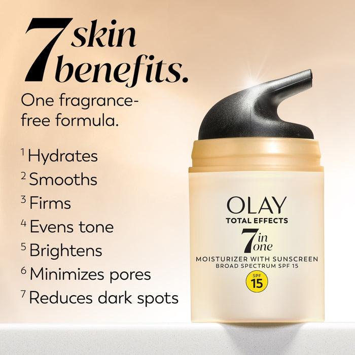 Total Effects Face Moisturizer Fragrance-Free SPF 15. 7 Skin benefits. One powerful moisturizer. Hydrates, smooths, firms, evens tone, brightens, minimizes pores, reduces dark spots.