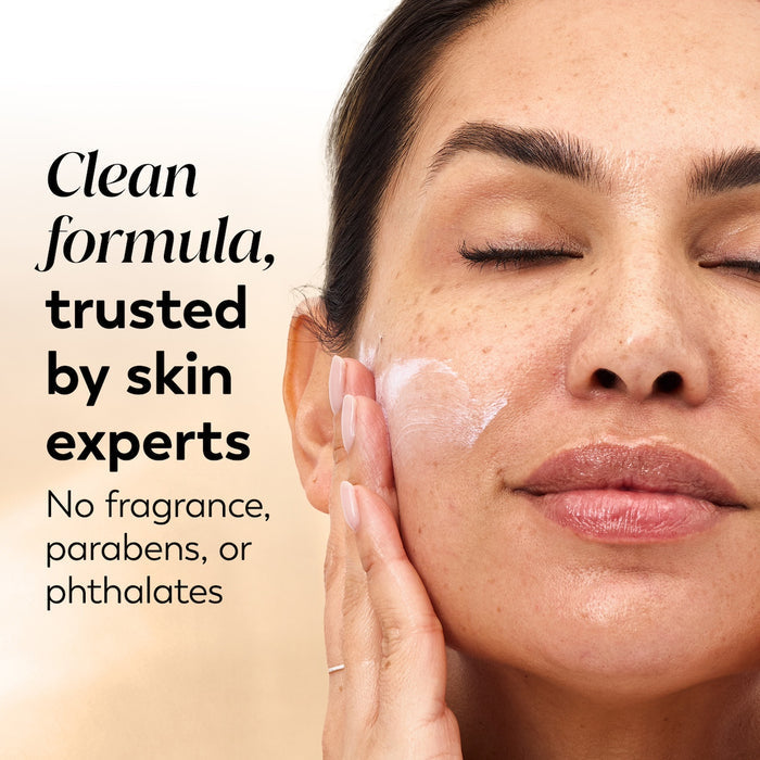 Model posing applying Total Effects Face Moisturizer Fragrance-Free SPF 15 to face. Clean formula, trusted by skin experts. No parabens, phthalates, or mineral oil