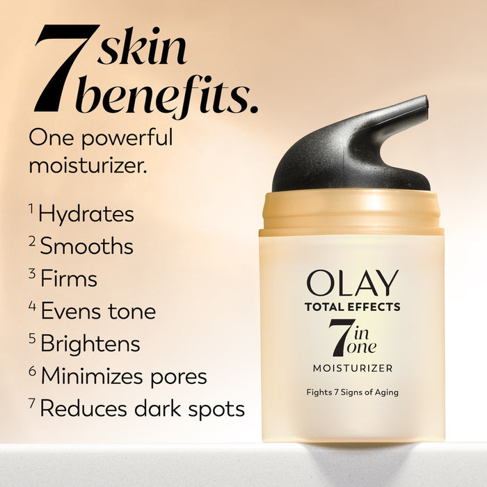 Total Effects Face Moisturizer Original bottle. 7 Skin benefits. One powerful moisturizer. Hydrates, smooths, firms, evens tone, brightens, minimizes pores, reduces dark spots.