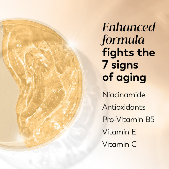 Ingredient image. Enhanced formula fights the 7 signs of aging. Niacinamide, antioxidants, pro vitamin B5, vitamin E, Vitamin C