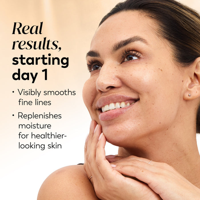 Model posing and smiling. Real results starting day 1. Visibly smooths fine lines. Replenishes moisture for healthier looking skin