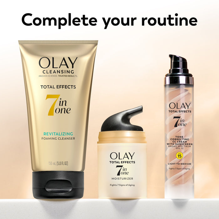 Total Effects Face Moisturizer Original bottle, Total Effects revitalizing foaming cleanser bottle, and Total Effects Tone Correcting CC Cream with Sunscreen bottle. Complete your routine
