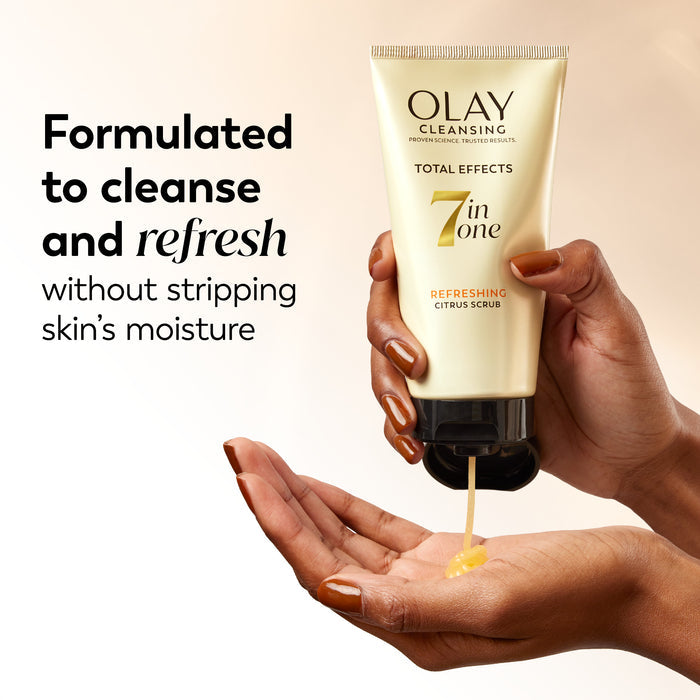 Olay cleansing product being applied to a hand with text about skin care benefits. Formulated to cleanse and refresh without stripping skin's moisture.