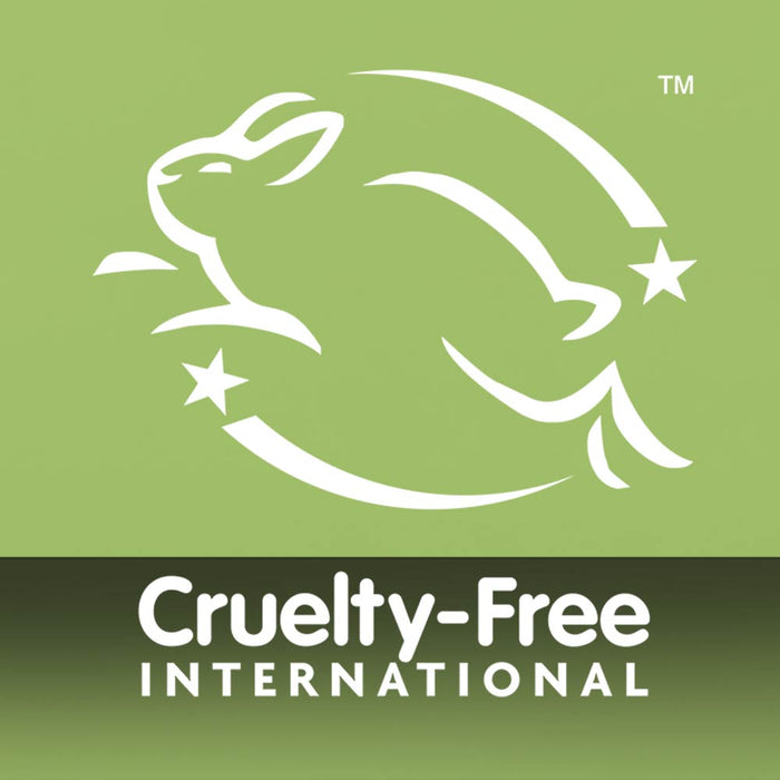 A white leaping rabbit outline with stars on a green background sits above bold Cruelty-Free International text—perfect for mens brands like Travel Original Face Wash made with natural ingredients.