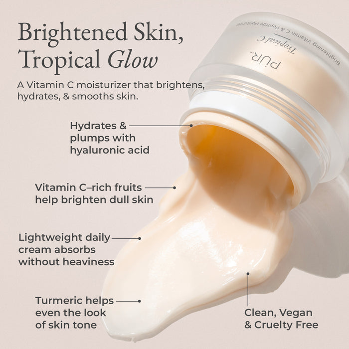 PÜR Tropical C Moisturizer with creamy formula spilling from jar and callouts describing key benefits: brightens, hydrates, plumps, and evens skin tone with Vitamin C, hyaluronic acid, and turmeric.