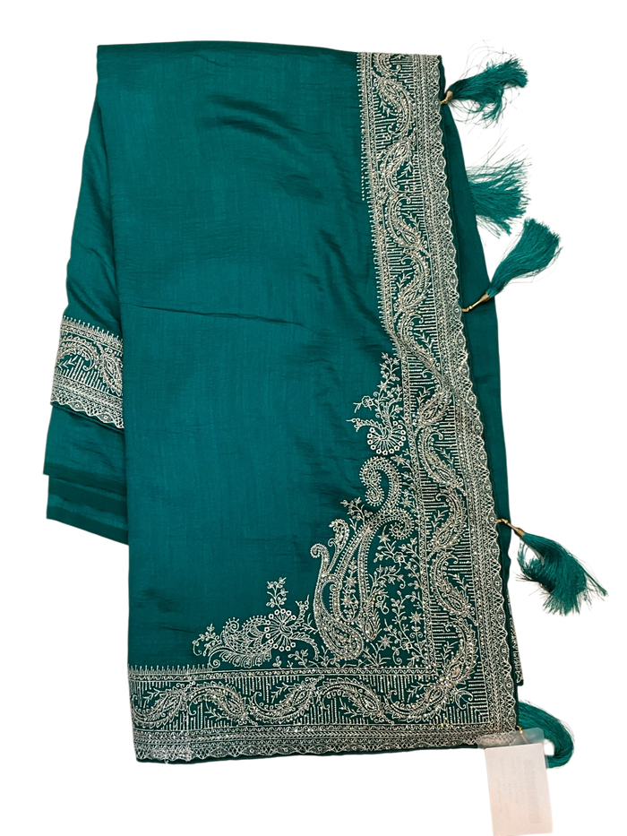 Turquoise - Classic Saree with Thread / Stone Work and Blouse Piece - UK stock - 24hr Dispatch - RS2506 VP