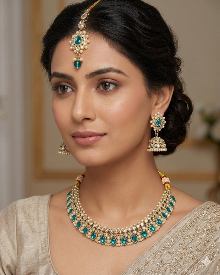 Turquoise - Medium Size Antique Gold Finish Necklace Set with Earrings & Head Piece - 6NS449 04H26