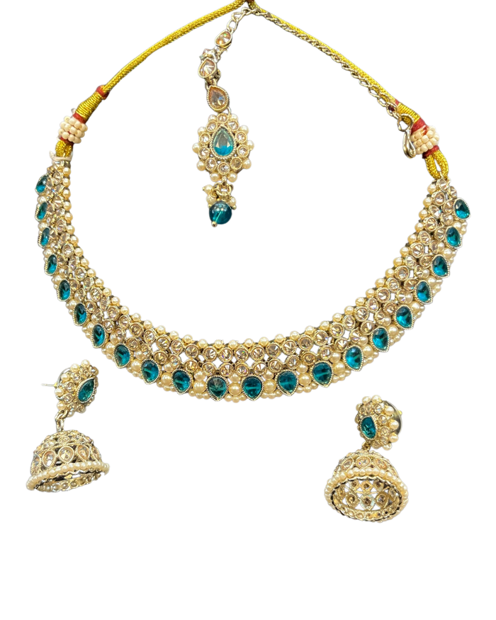 Turquoise - Medium Size Antique Gold Finish Necklace Set with Earrings & Head Piece - 6NS449 04H26