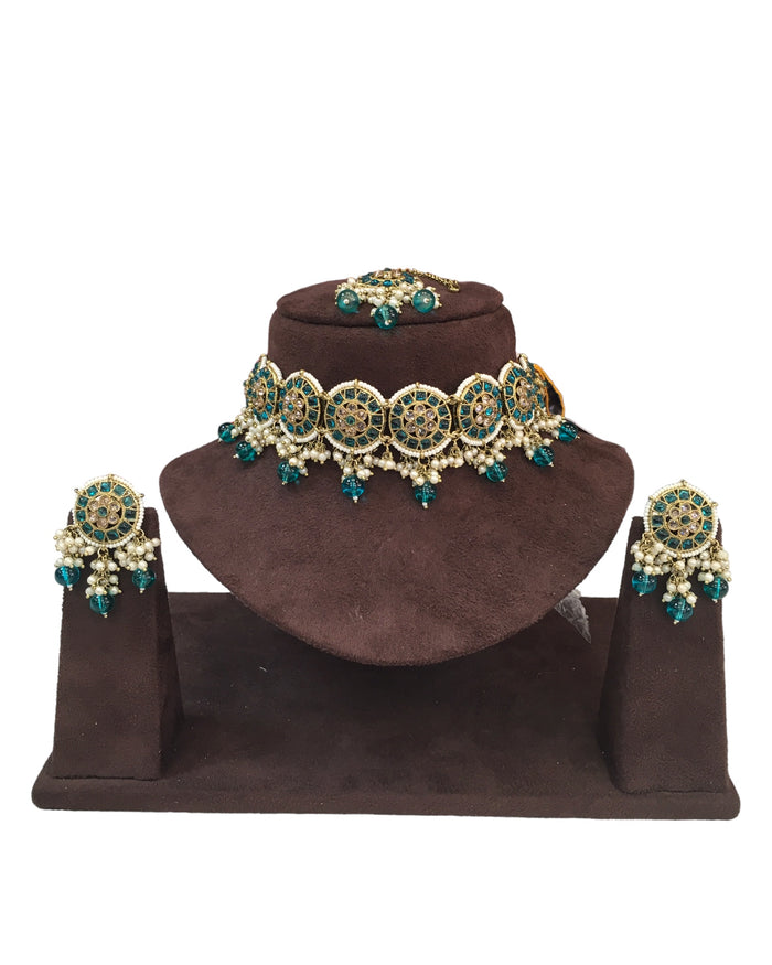Turquoise Blue - Large Size Antique Gold Finish Necklace Set with Earrings - RAK05  VY 0424