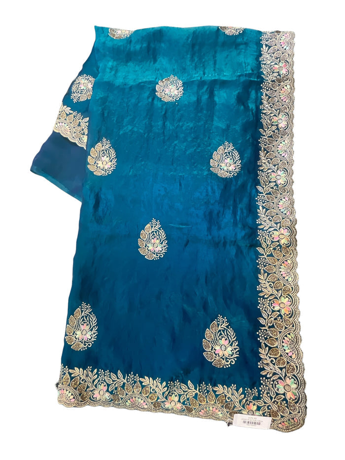 Turquoise Blue - Saree with Thread / Stone Work and Blouse Piece - UK stock - 24hr Dispatch - SP2614 VJ