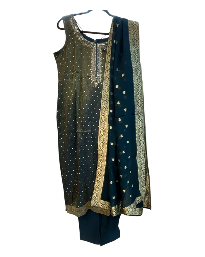 UK 14 / 40" - Dark Petrol Blue - Silky Brocade Ladies Trousers Suit - Sangeet / Henna / Temple - OC45067 TJ VA