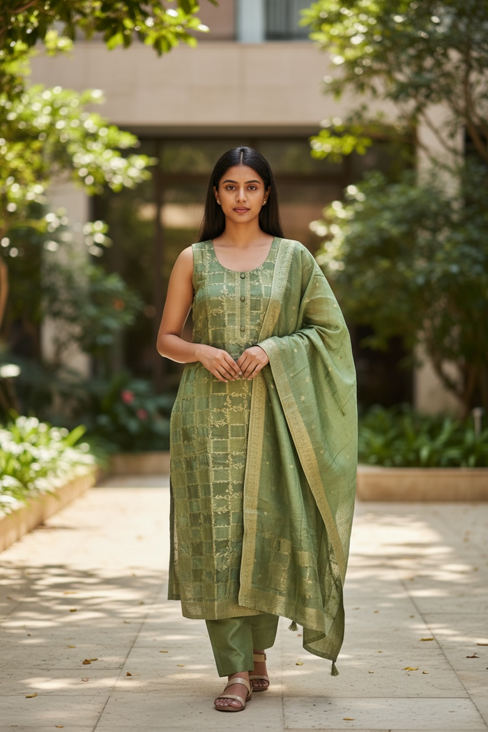 UK 14 / 40" - Sage Green - Silky Brocade Ladies Trousers Suit - Sangeet / Henna / Temple - OC42126 TY