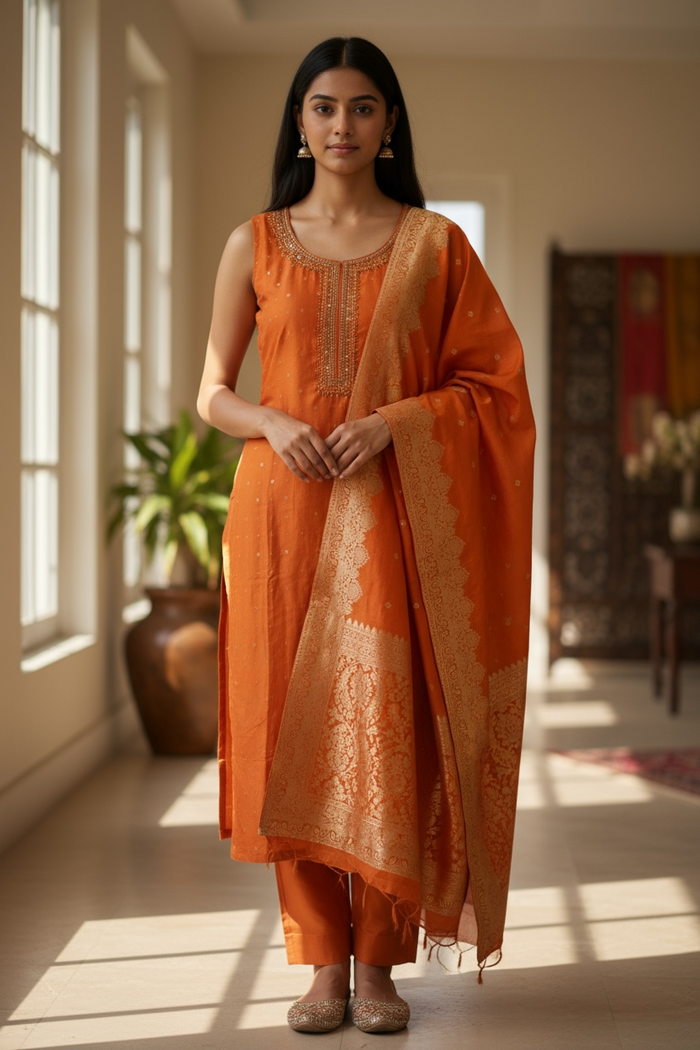 UK10 / 36" - Orange - Silky Ladies Trousers Suit - Sangeet / Henna / Temple - OC42162 TV