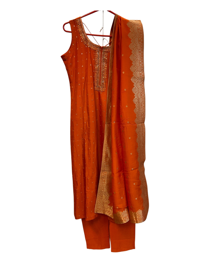 UK10 / 36" - Orange - Silky Ladies Trousers Suit - Sangeet / Henna / Temple - OC42162 TV